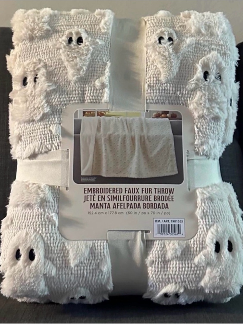 Embroidered Faux Fur Ghost Throw Blanket - Cream viral Costco